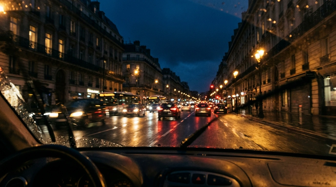 Une avenue parisienne un soir de semaine, vue depuis l’arrière d’un véhicule