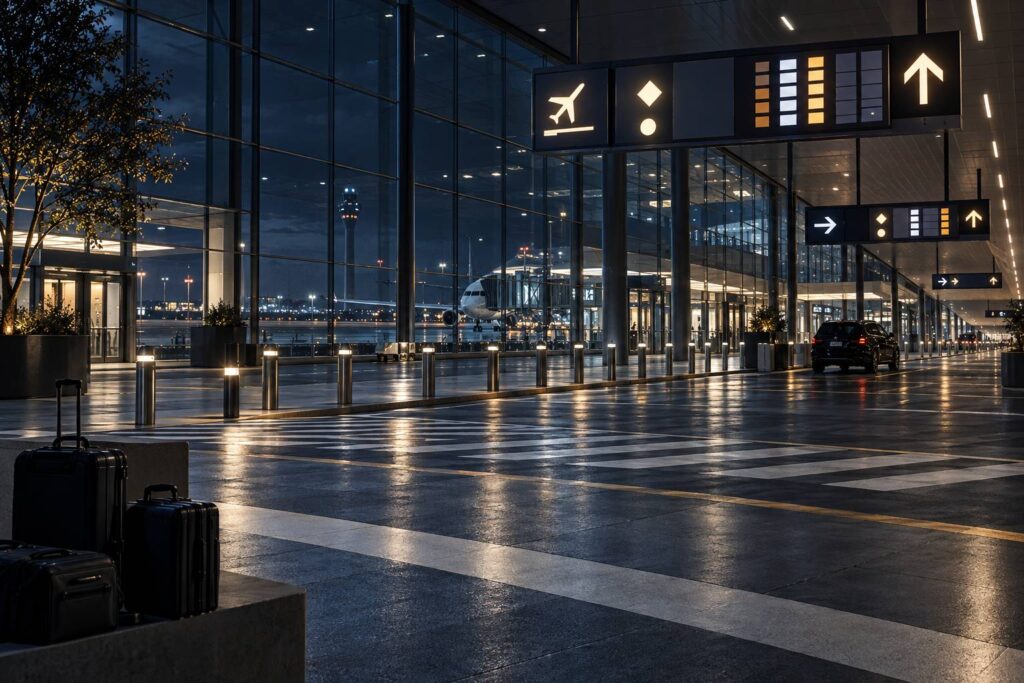 Terminal d'aéroport de nuit avec verrière et véhicule stationné