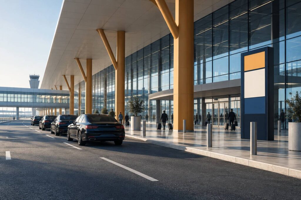 Berlines de VTC en file à la zone de dépose d'un terminal d'aéroport au petit matin