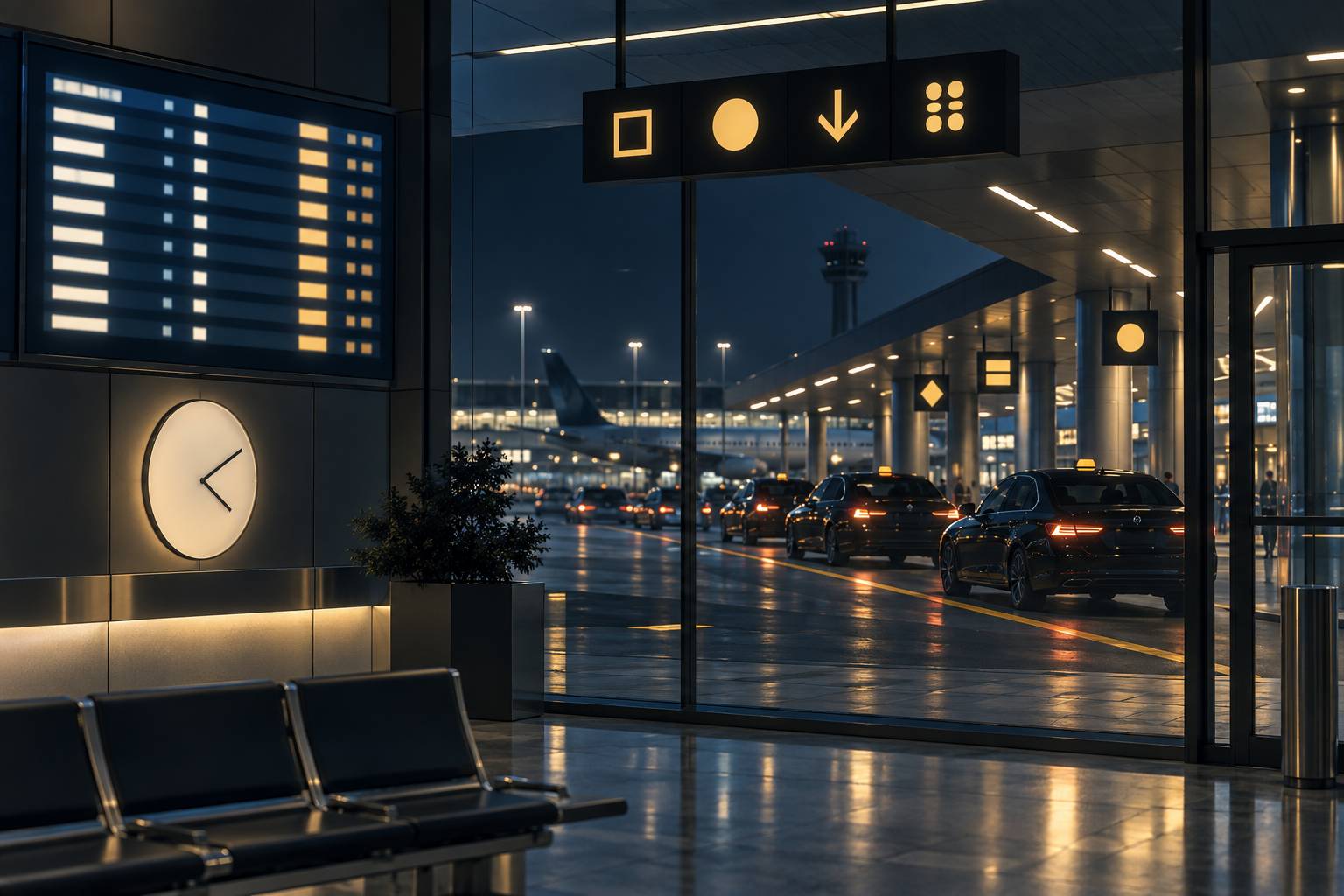 Tableau de départs et signalétique d'aéroport la nuit