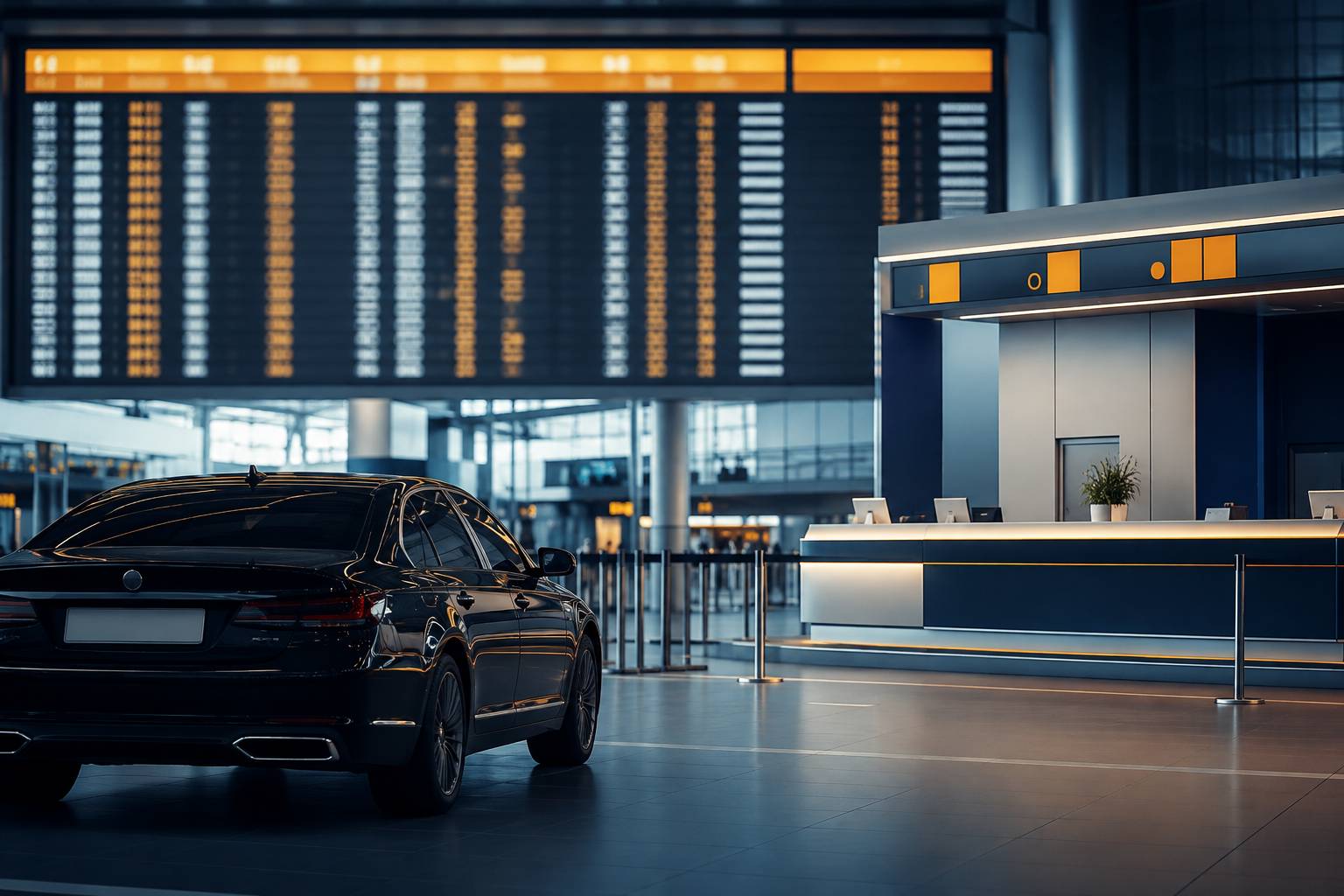 Hall d'aéroport générique avec berline noire et panneau de départs flou sans texte
