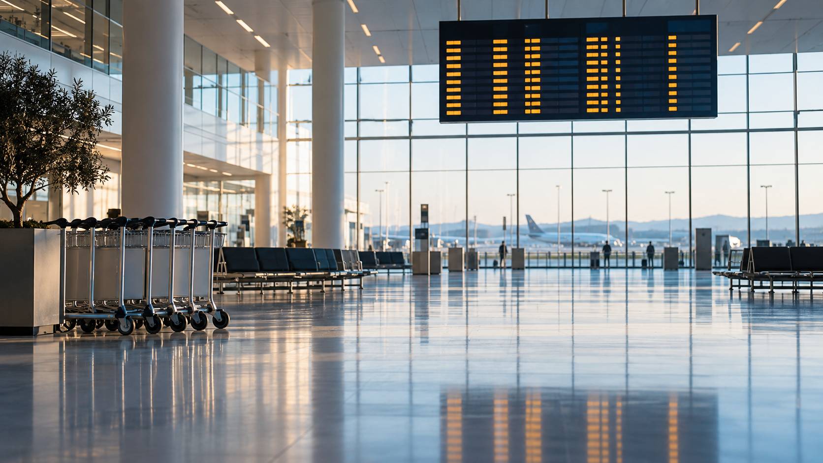 Dépose-minute d'aéroport avec berline anonyme et halle vitrée