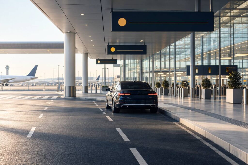 Dépose-minute d'aéroport avec berline anonyme et halle vitrée