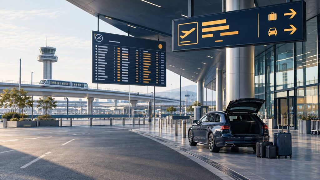 Parvis d'aéroport avec voiture à l'arrêt, bagages et panneau directionnel