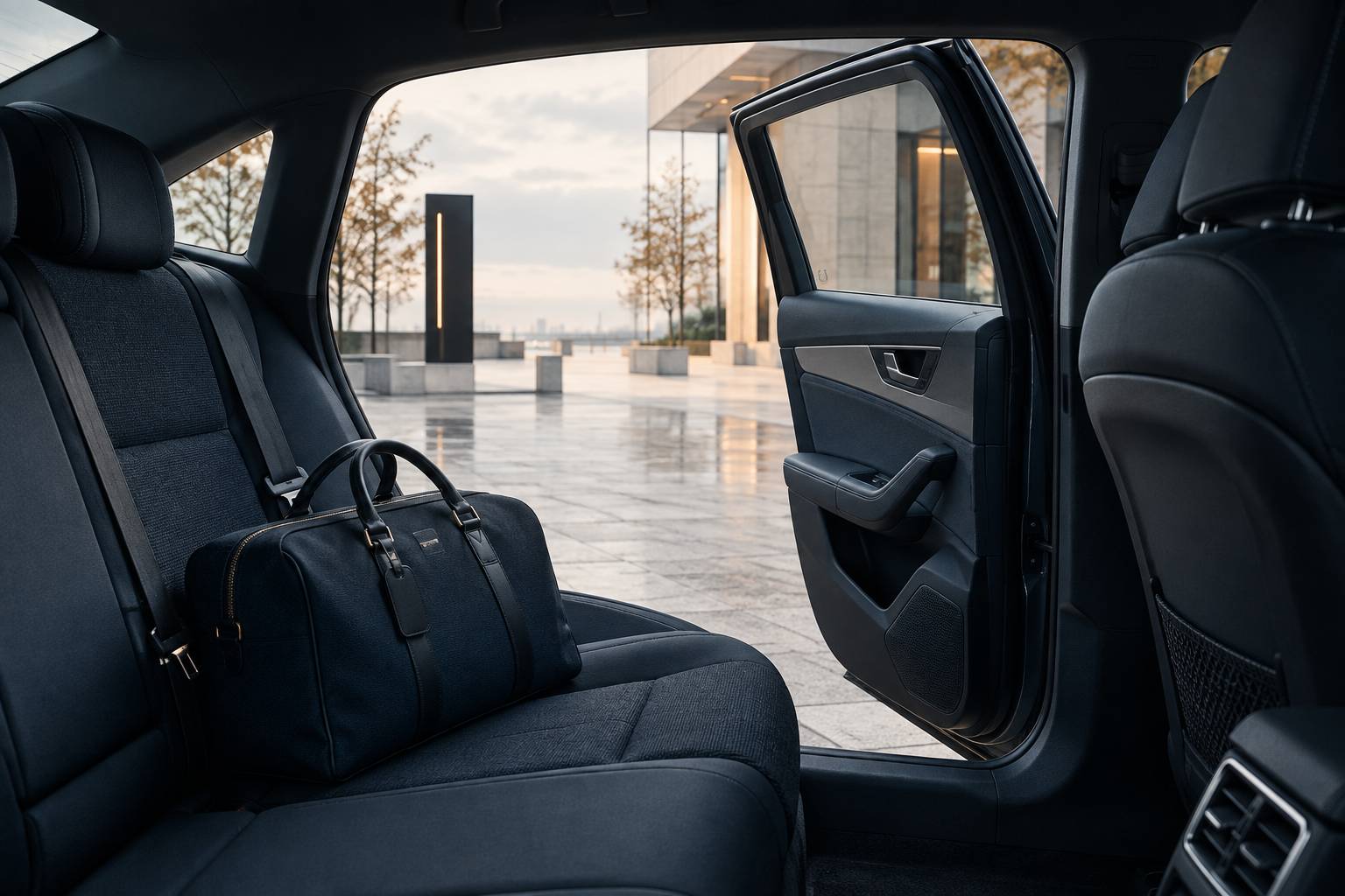 Interieur de berline sobre avec valise posee sur la banquette arriere