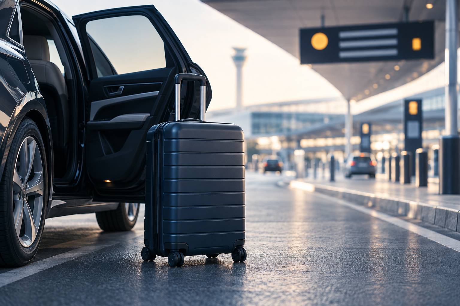 Valise près d'une portière ouverte sur un dépose-minute d'aéroport