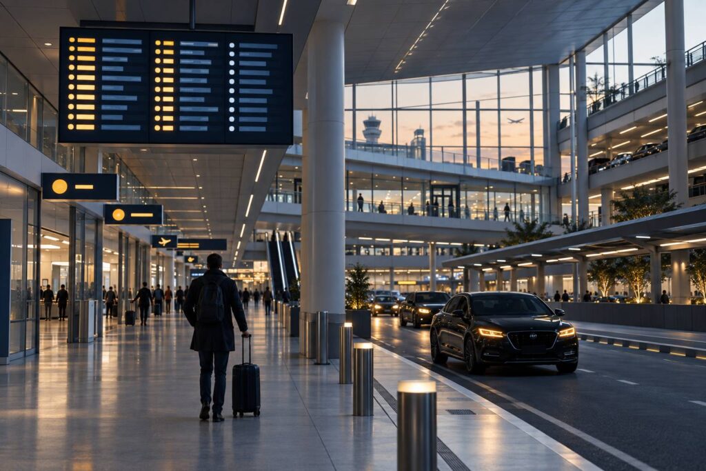 Illustration éditoriale du sujet : VTC à Roissy T1 : accès, niveau et temps d'attente réel