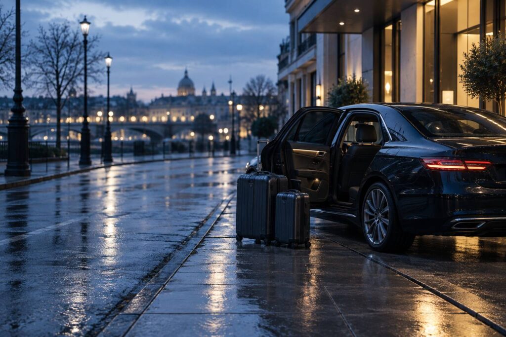 Berline sombre au trottoir au crépuscule avec valises près de la portière