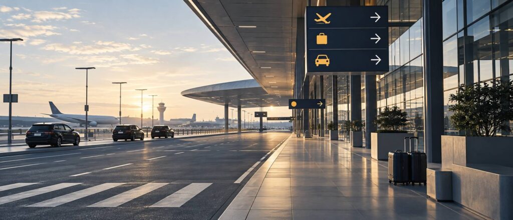 Zone de dépose d'aéroport avec verrière et marquage au sol